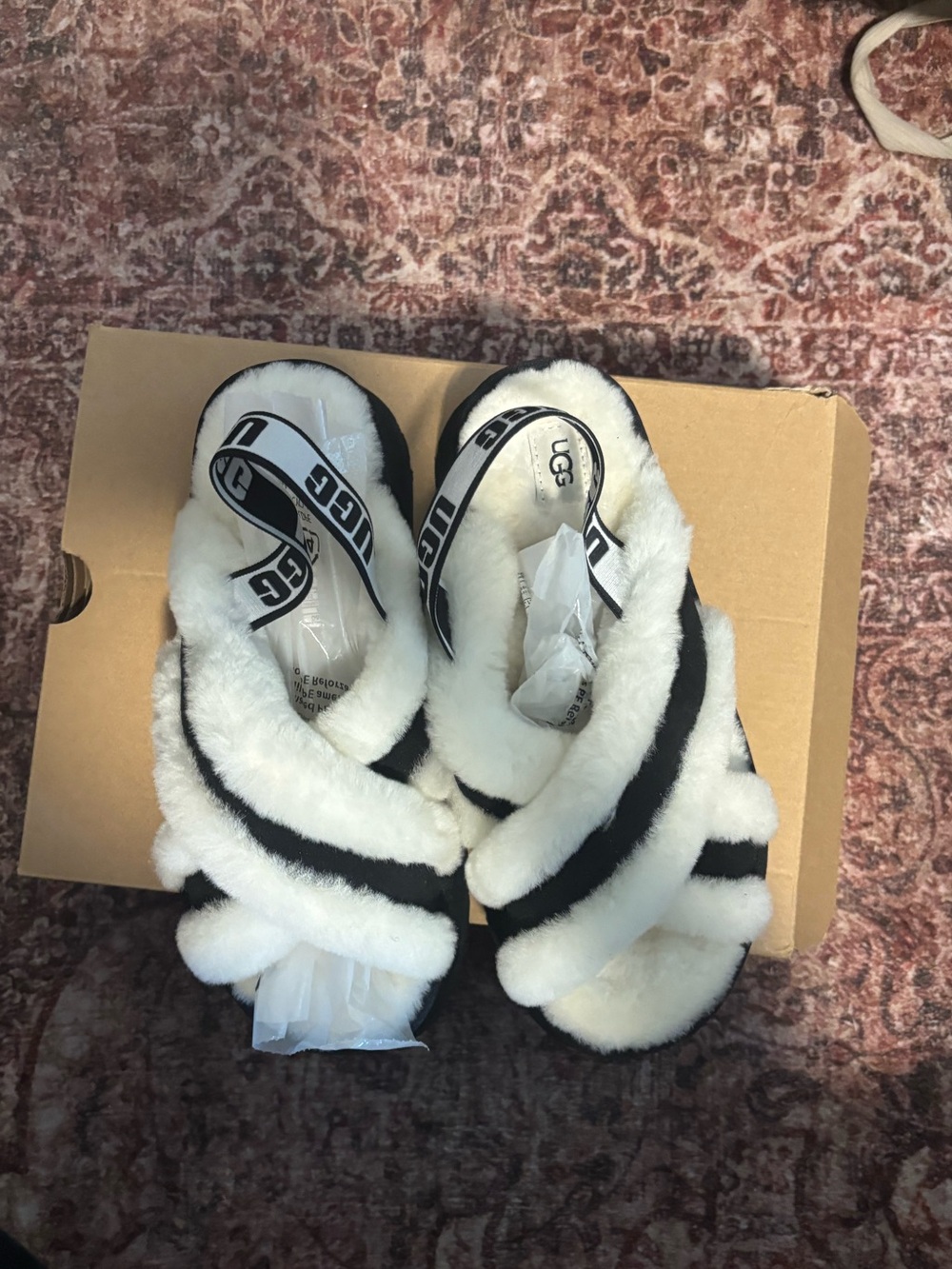 UGG White & Black Fuzzy Cross-Band Slide Sandals